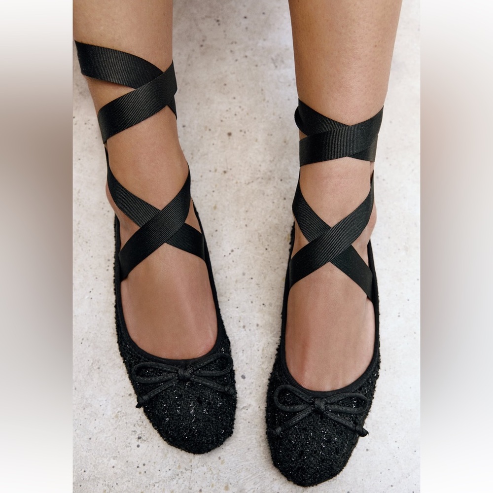 Zara tweed fabric ballet flats — Black NWT